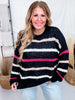Black Open Knit Top With Pink & Tan Stripes