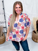 Pink & Purple Floral Print Split V-Neck Top With Puff Sleeves