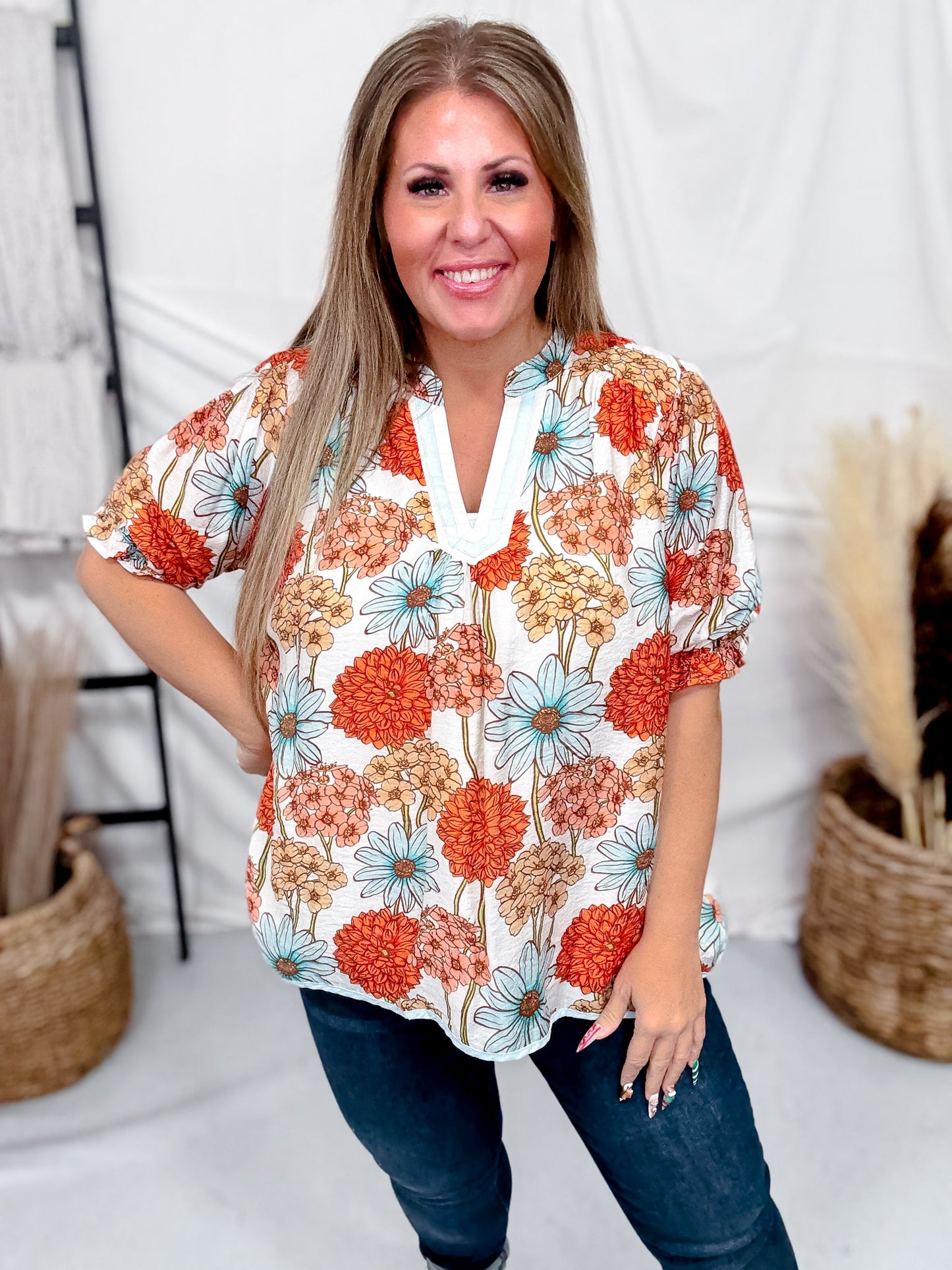 Floral Print Split V-Neck Top With Puff Sleeves In Mint & Orange