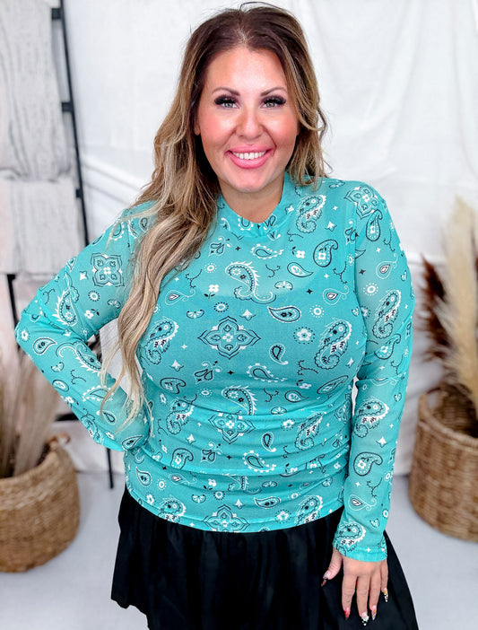 Turquoise Bandana Print Long Sleeve Mesh Top