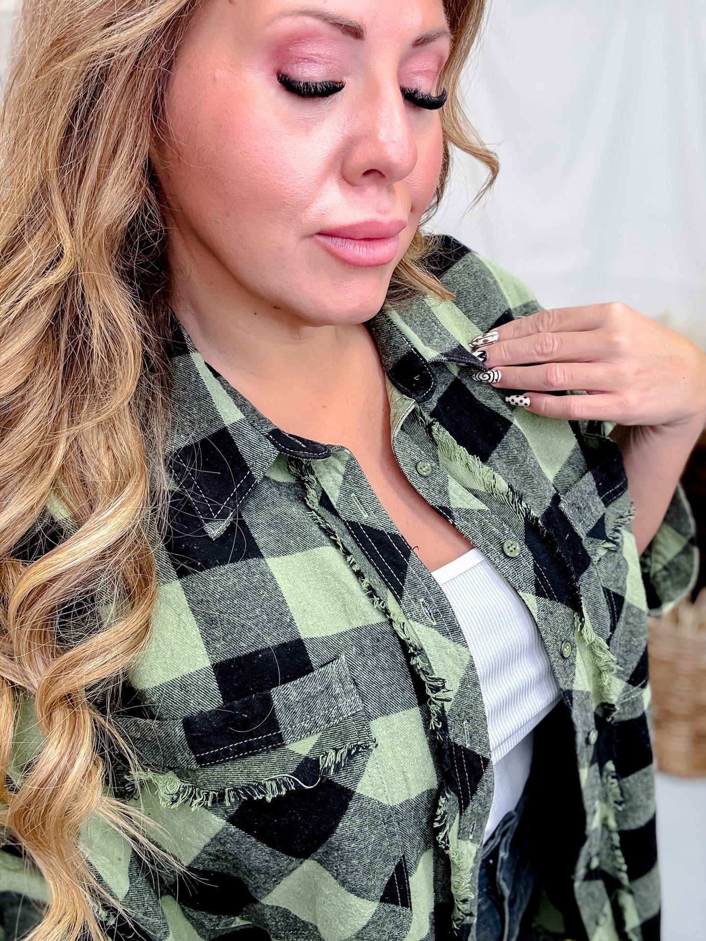 Green & Black Plaid Flannel With Raw Edge Hems