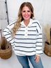 Ivory Sweater With Navy Stripes And Half Button Front
