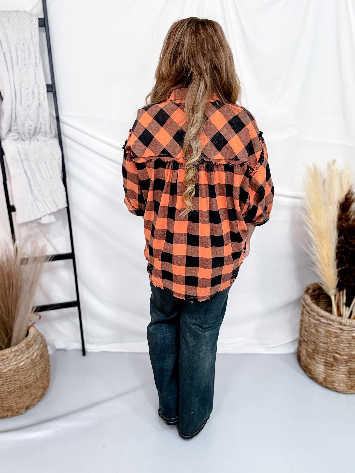 Orange & Black Plaid Flannel With Raw Edge Hems