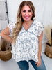 Cream and Blue Floral Print Flutter Sleeve Top