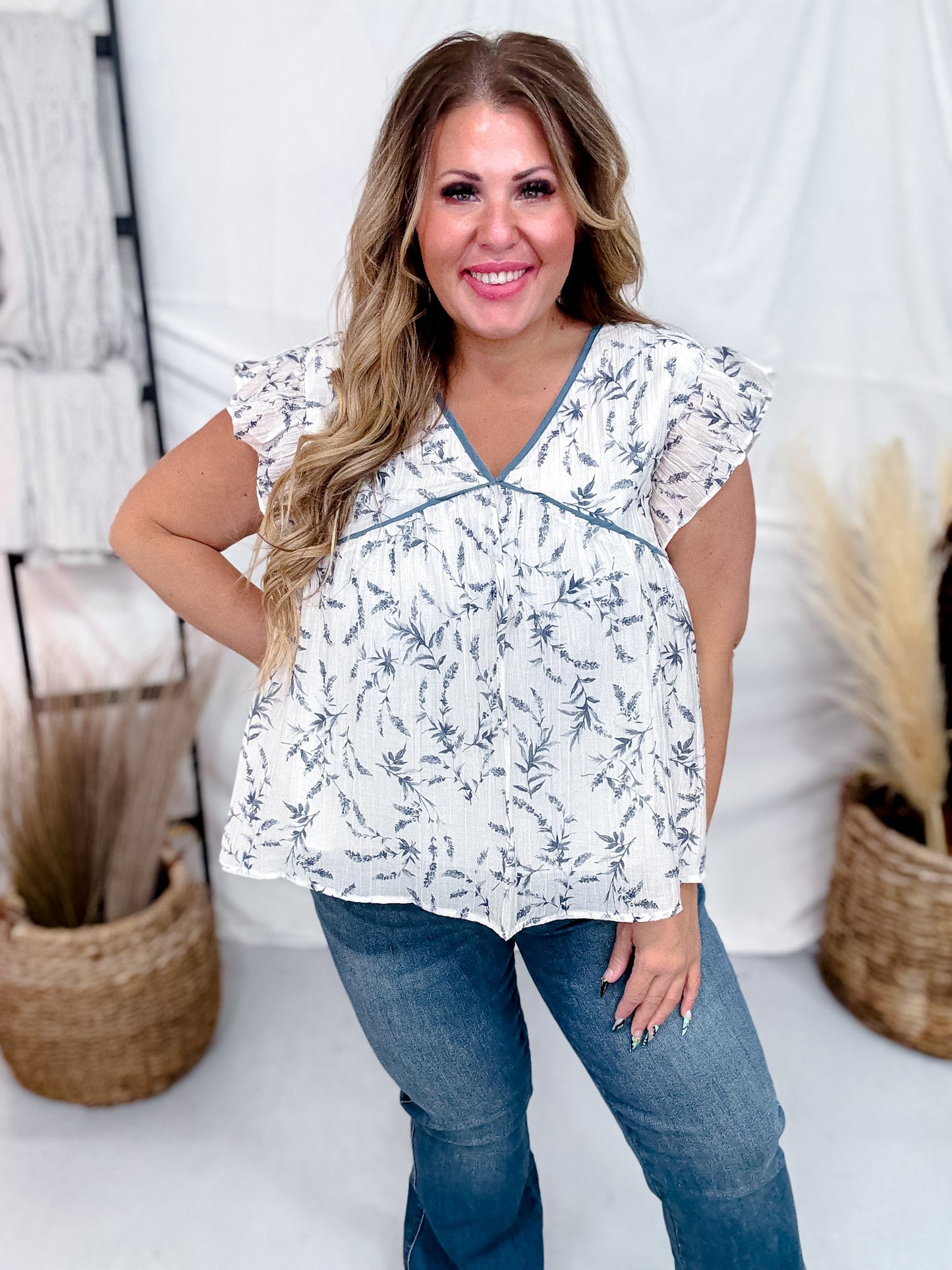 Cream and Blue Floral Print Flutter Sleeve Top