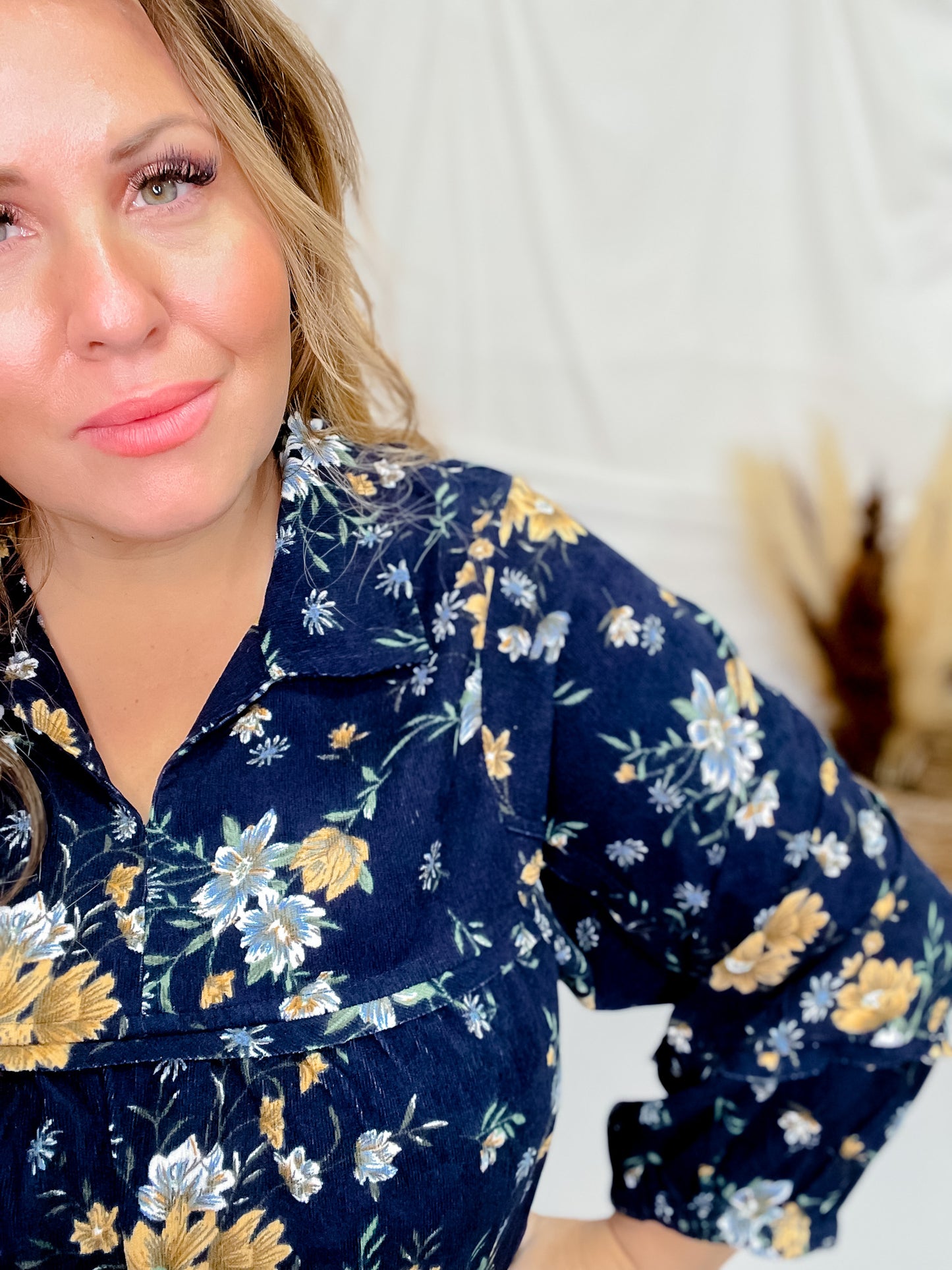 Floral Corduroy Collared Midi Dress