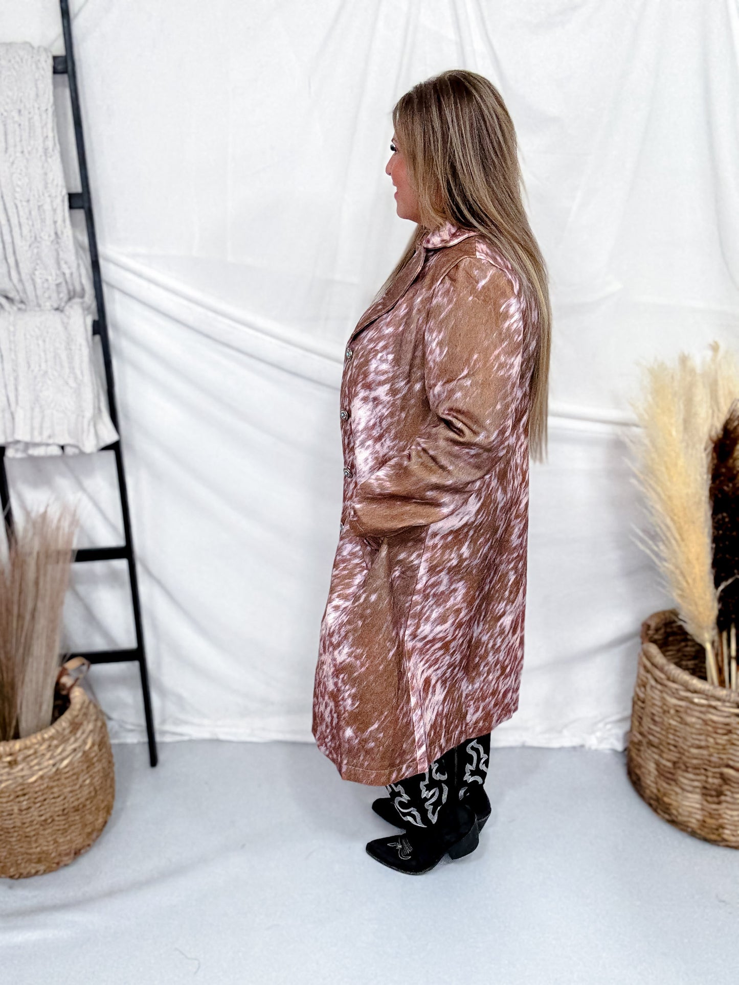 Pink & Brown Cow Print Faux Fur Duster