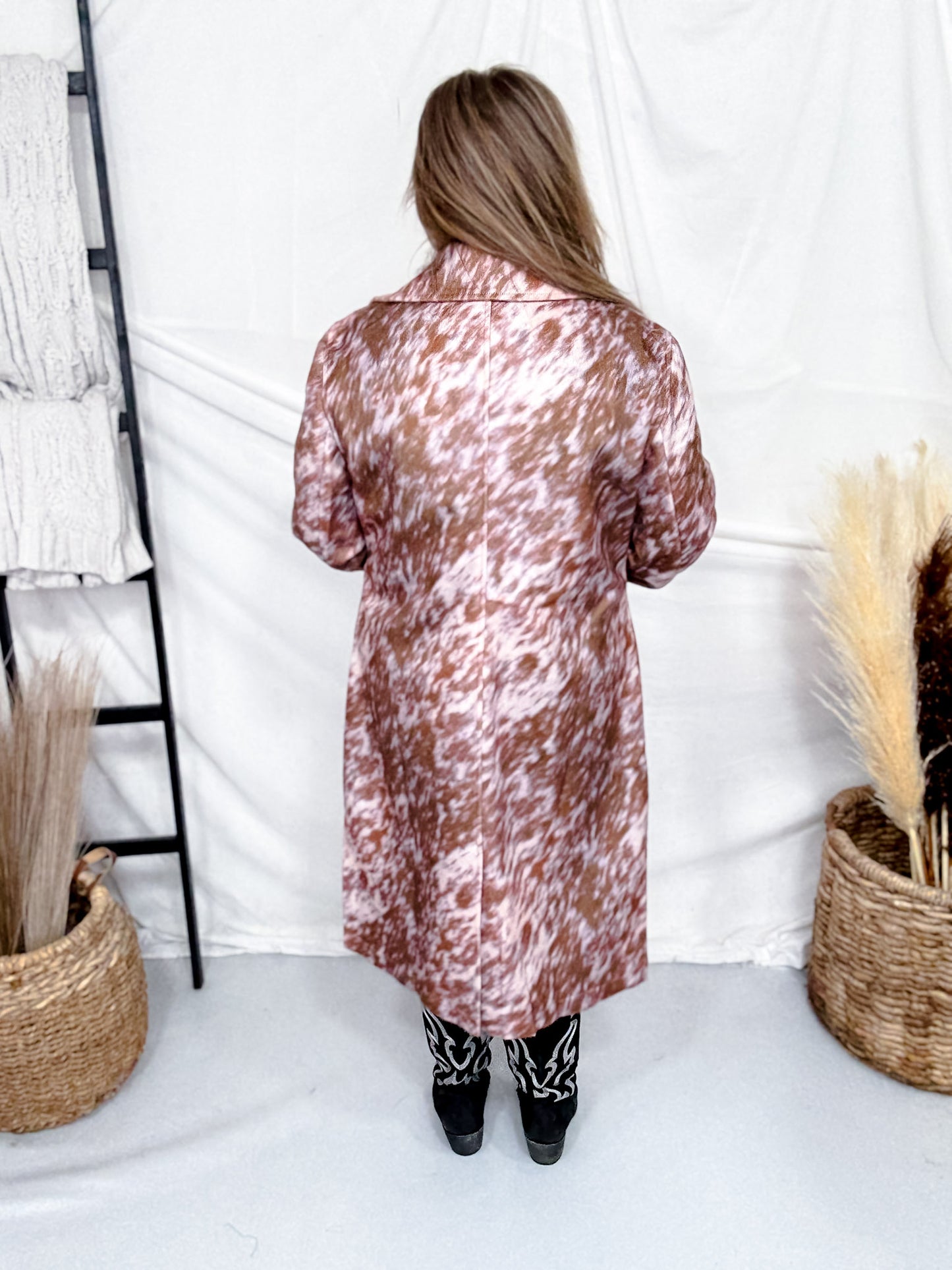 Pink & Brown Cow Print Faux Fur Duster