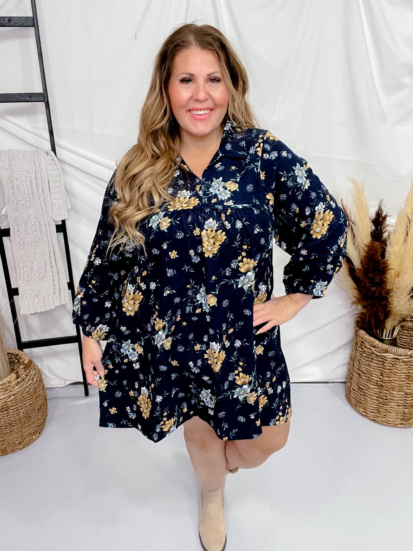 Floral Corduroy Collared Midi Dress