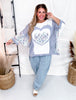 Blue-Grey and White Contrasting Patchwork Top with Batwing Sleeves