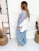 Blue-Grey and White Contrasting Patchwork Top with Batwing Sleeves