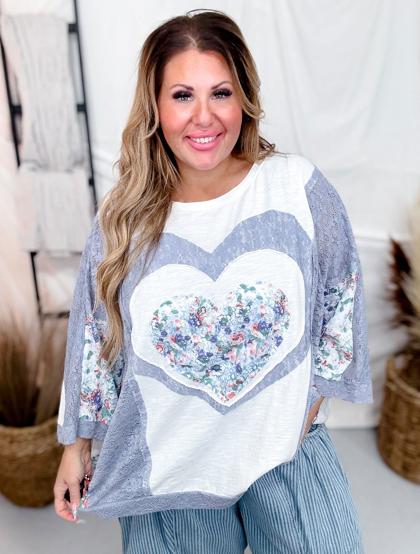 Blue-Grey and White Contrasting Patchwork Top with Batwing Sleeves