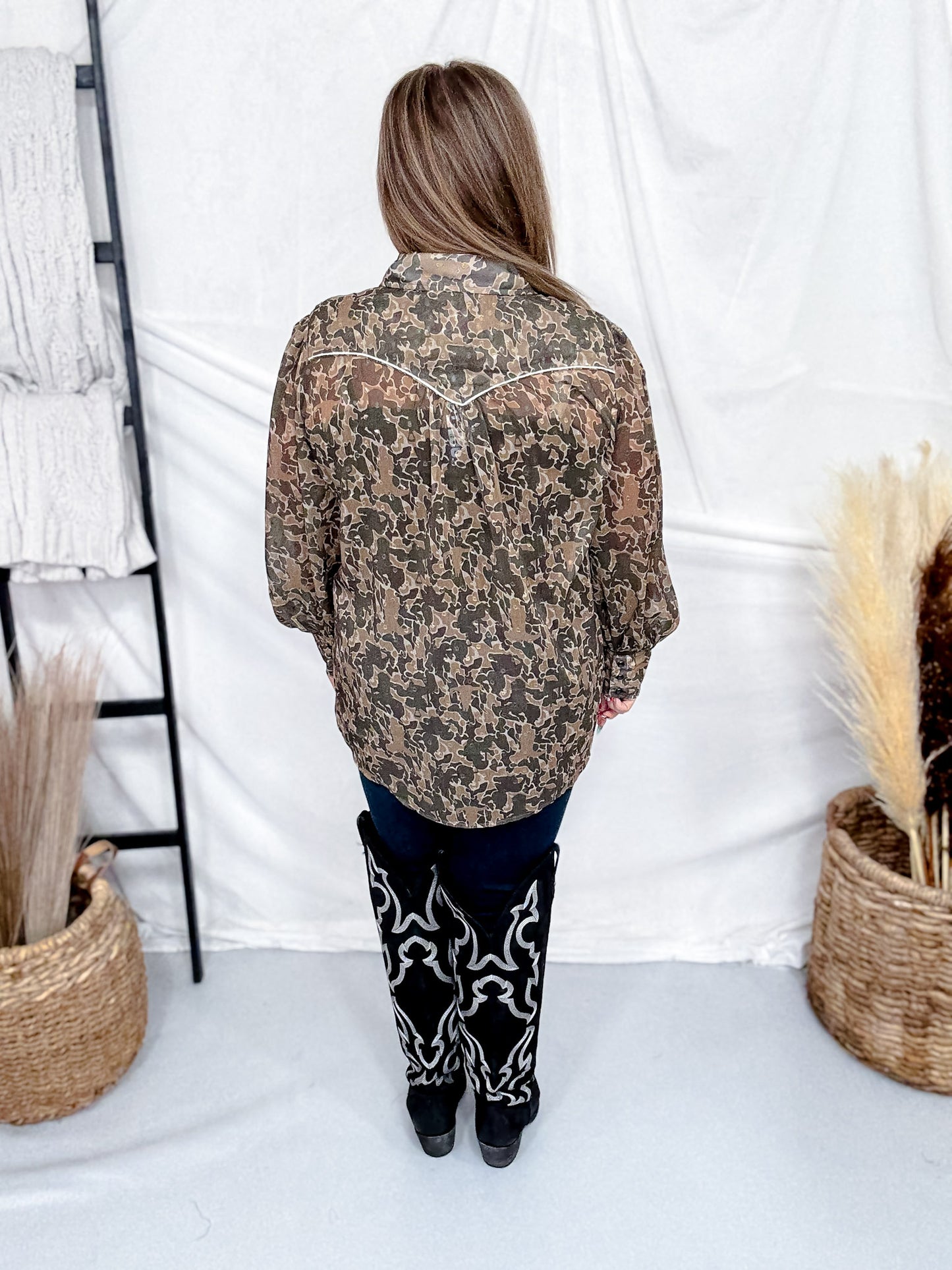 Western Inspired Camo Print Button Front Blouse