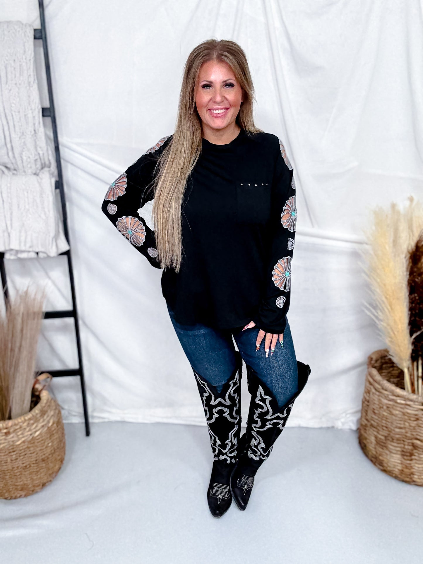 Long Sleeve Western Inspired Concho Cutout Sleeve Top