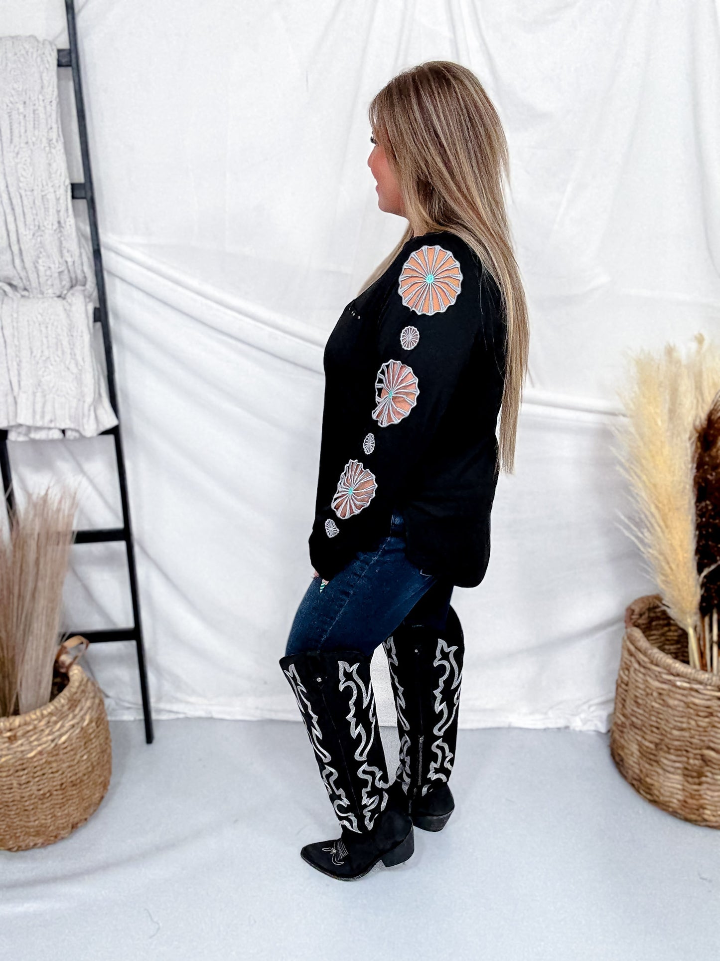 Long Sleeve Western Inspired Concho Cutout Sleeve Top