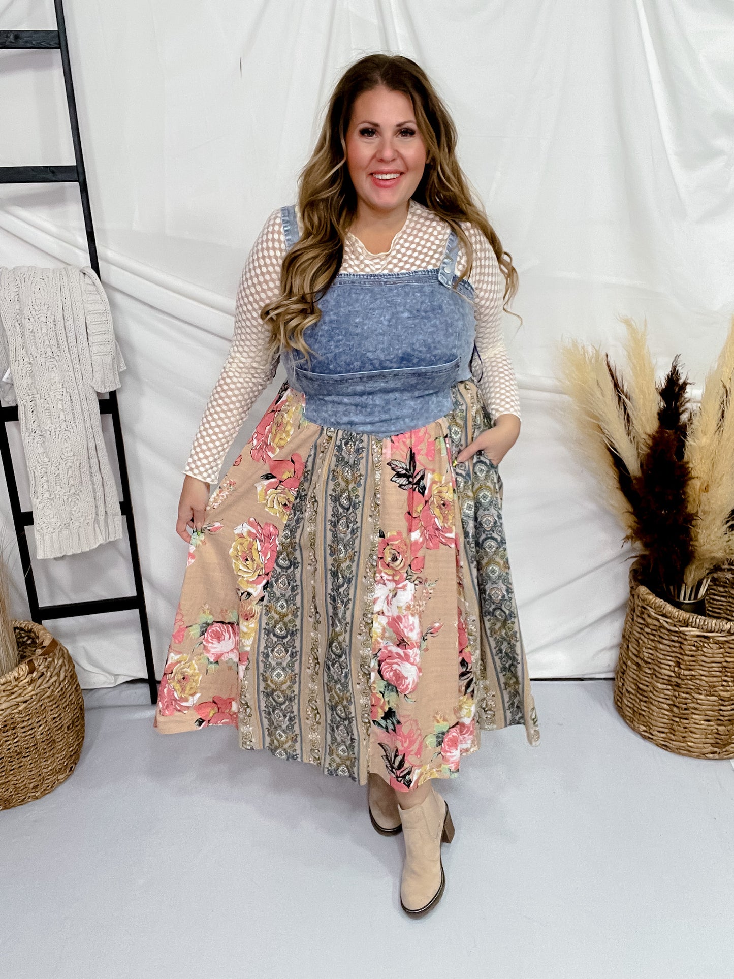 Pink & Beige Mix-Matched Denim & Floral Midi Dress
