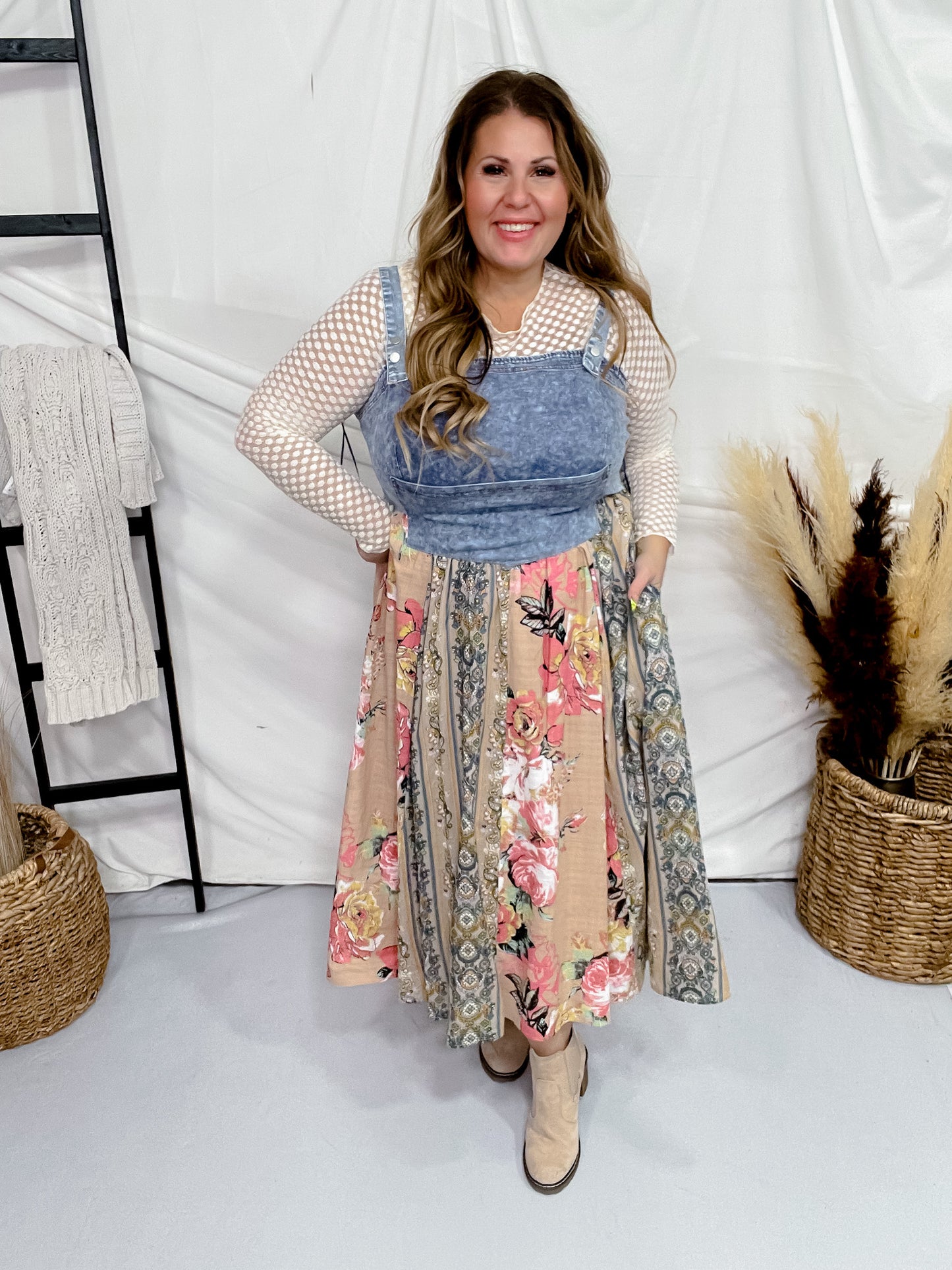Pink & Beige Mix-Matched Denim & Floral Midi Dress