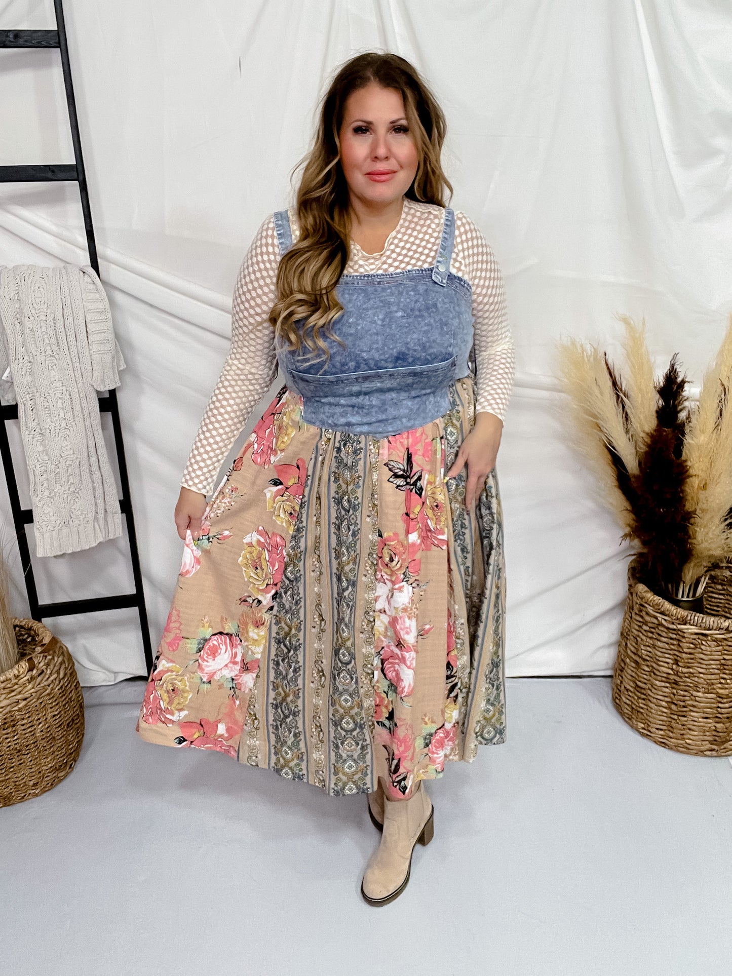 Pink & Beige Mix-Matched Denim & Floral Midi Dress