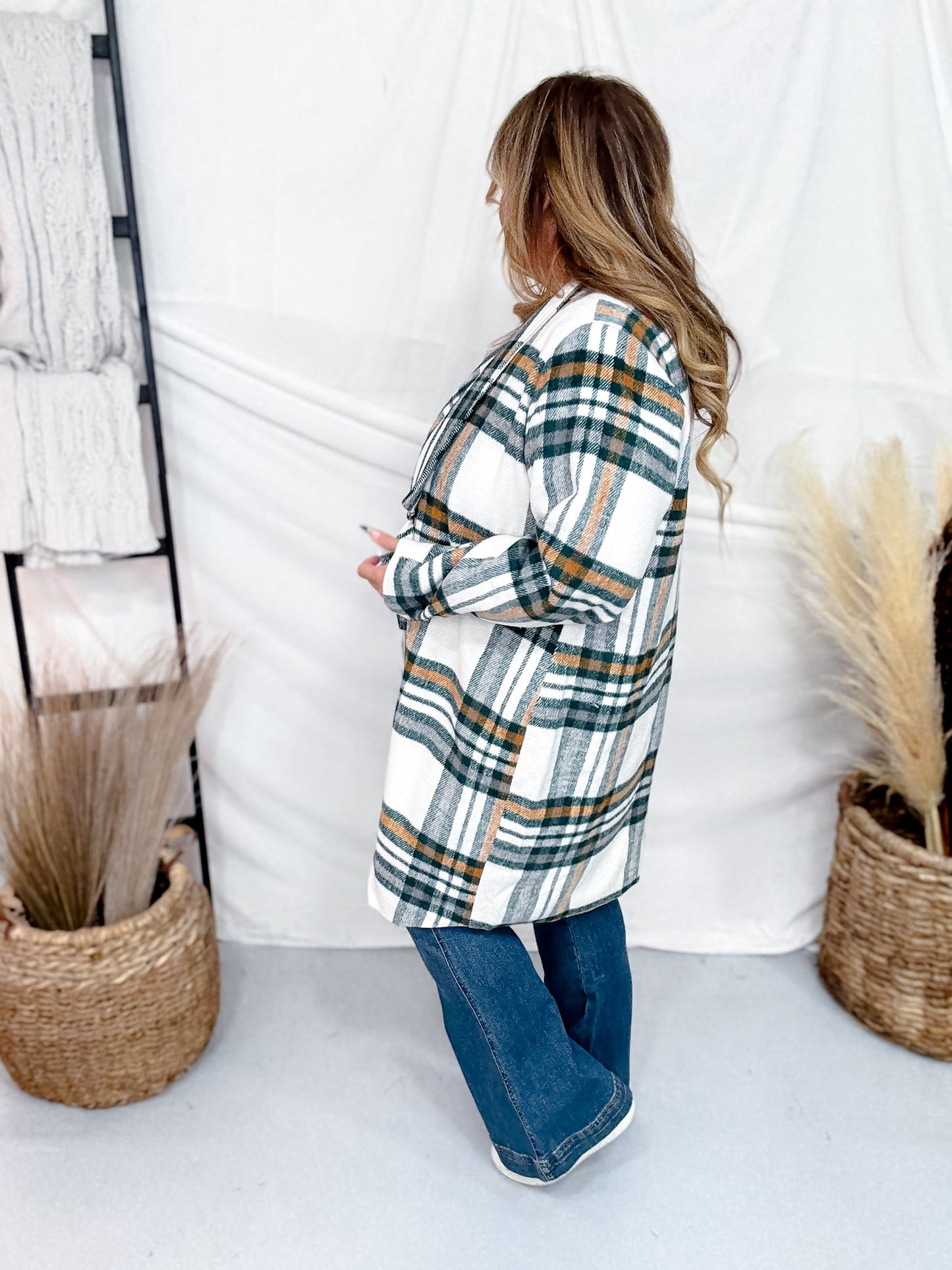 Ivory and Hunter Green Plaid Open Front Coat