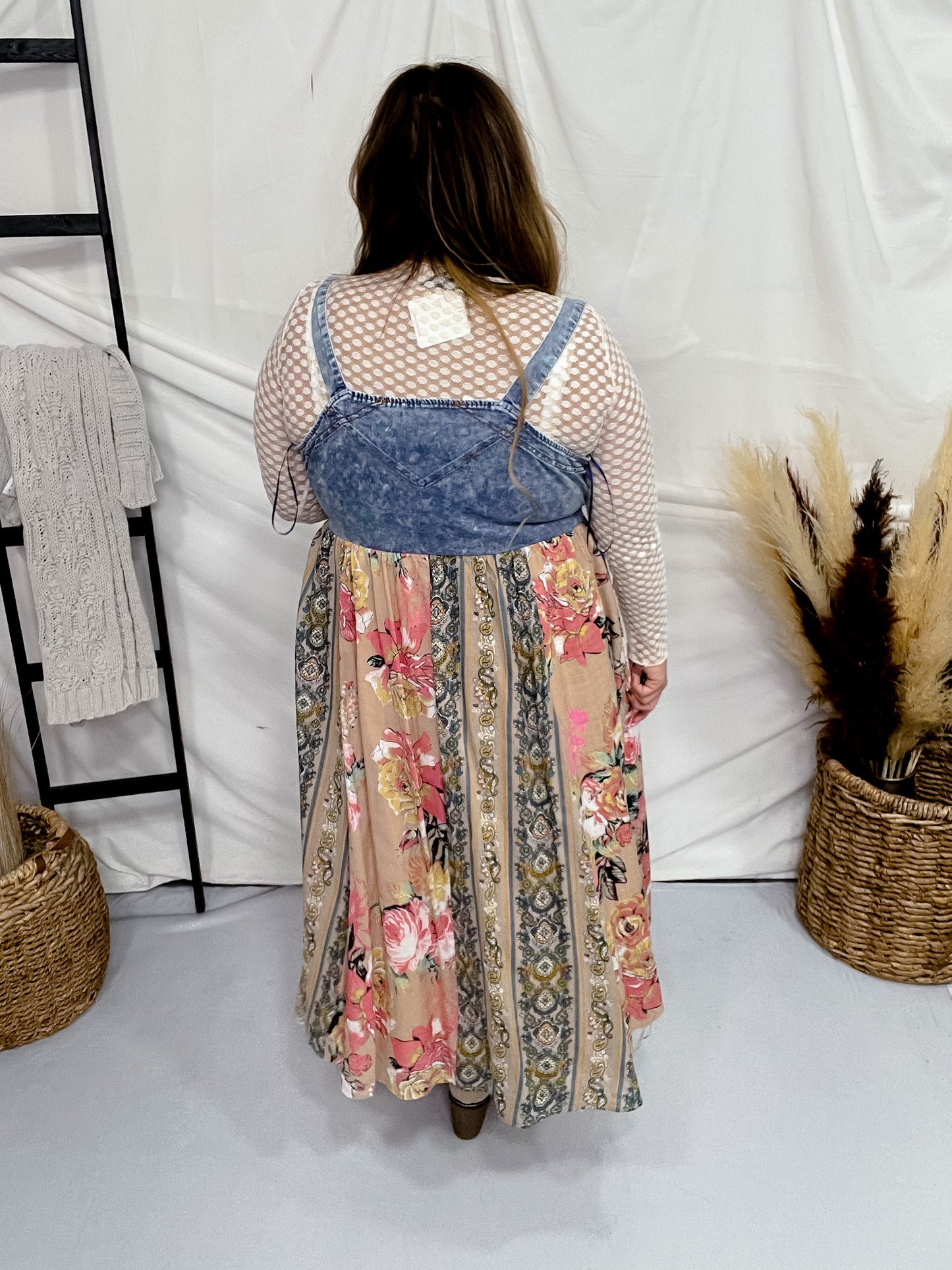 Pink & Beige Mix-Matched Denim & Floral Midi Dress