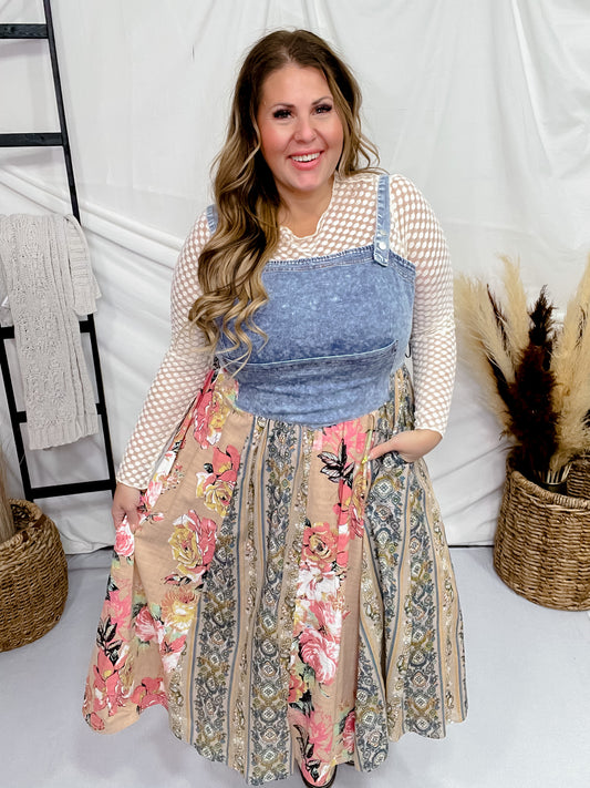 Pink & Beige Mix-Matched Denim & Floral Midi Dress
