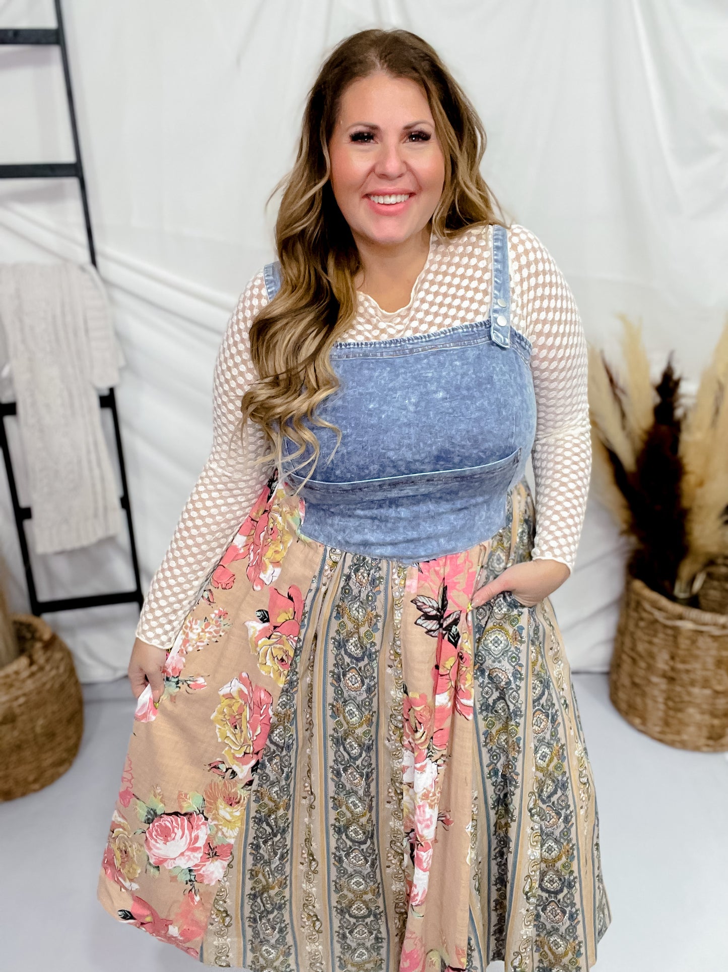 Pink & Beige Mix-Matched Denim & Floral Midi Dress