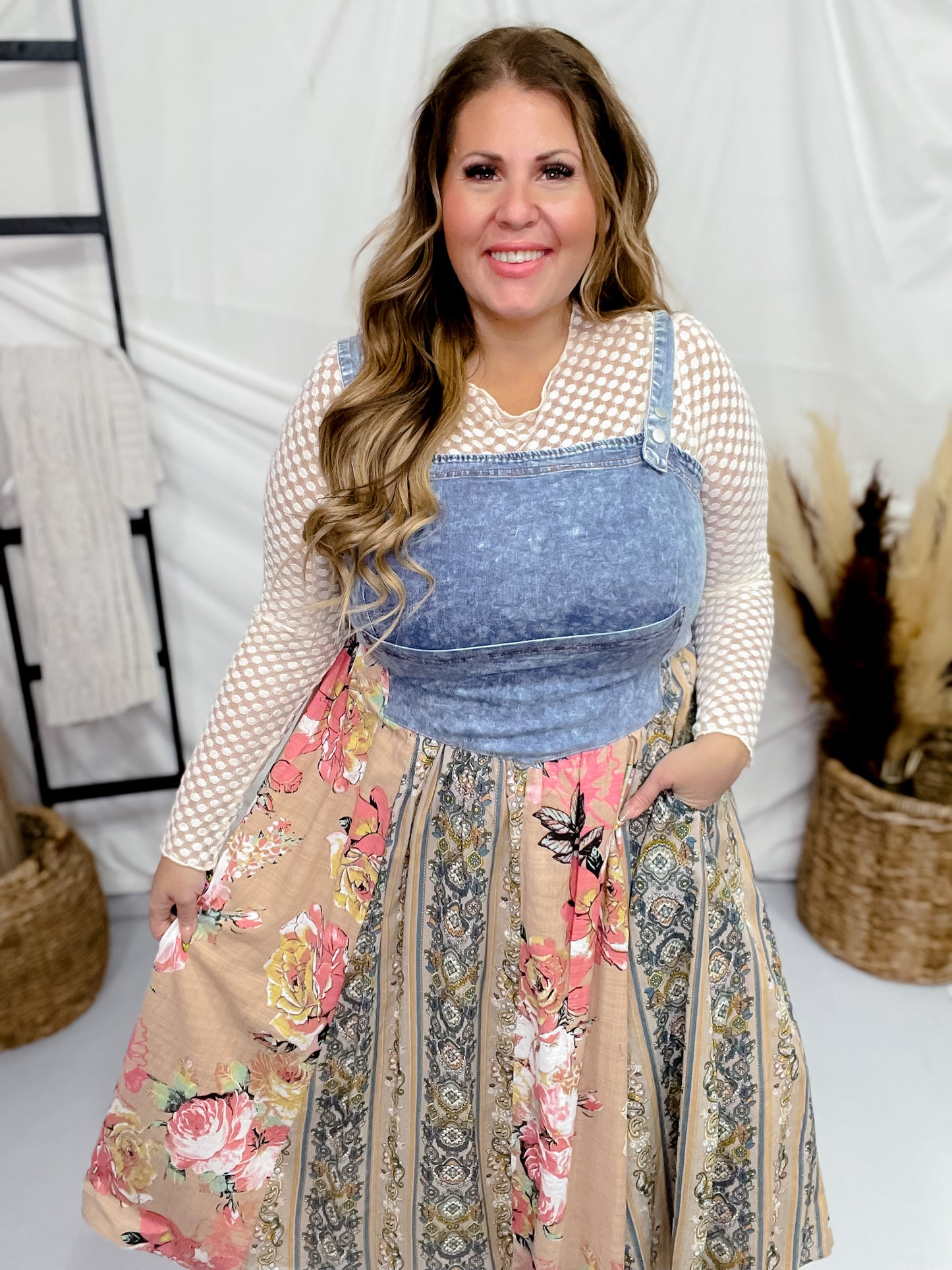 Pink & Beige Mix-Matched Denim & Floral Midi Dress