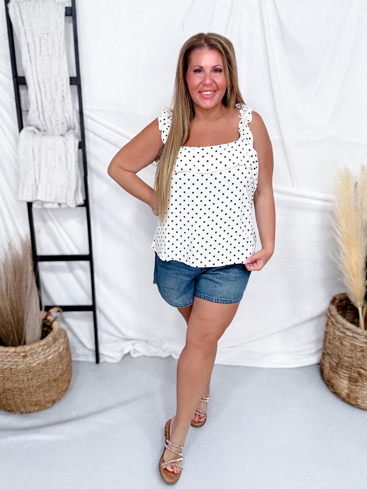 Cream & Black Polka Dot Tank With Ruffle Accents