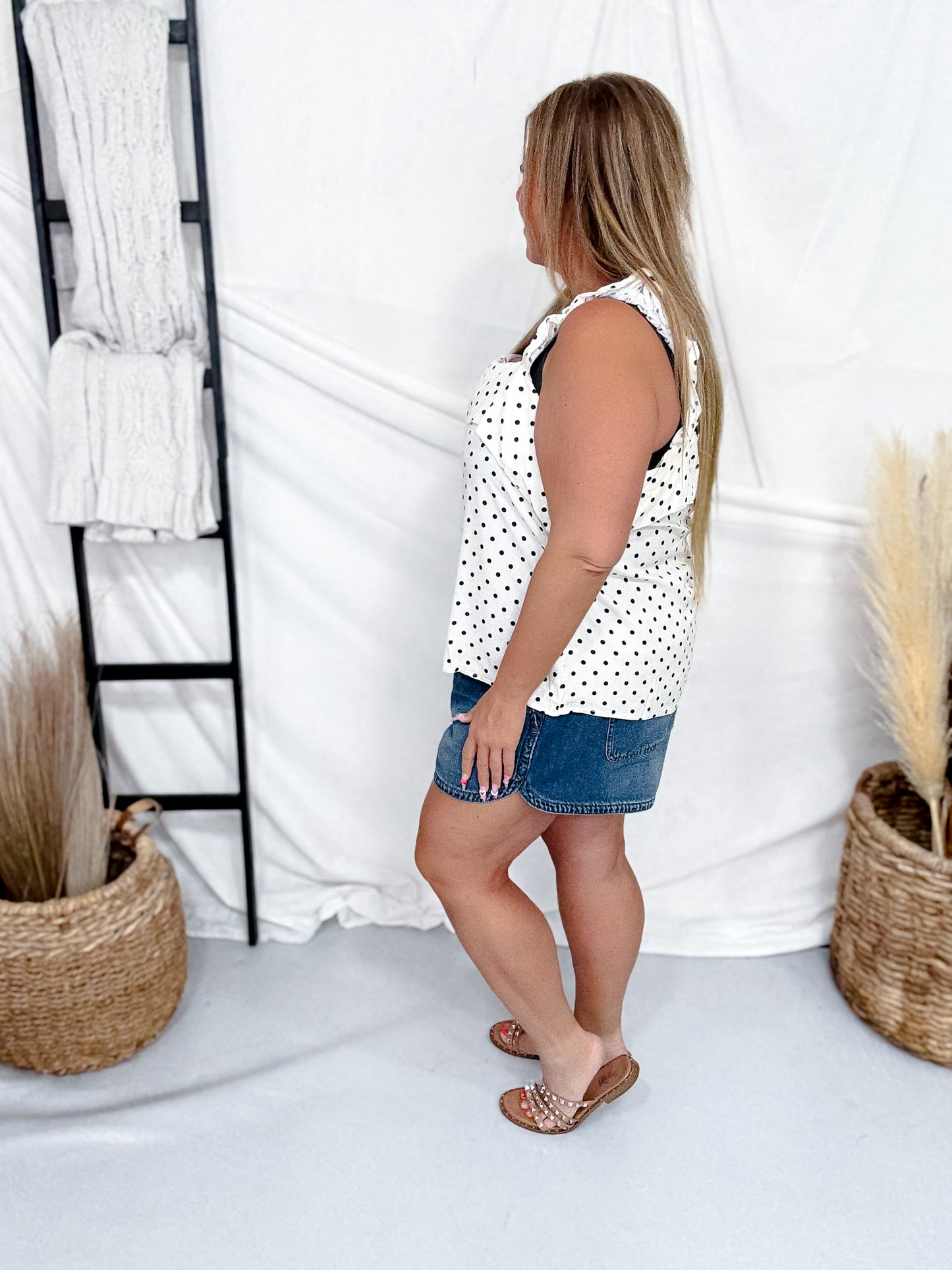 Cream & Black Polka Dot Tank With Ruffle Accents