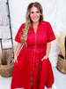 Short Sleeve Brick Red Smocked Waist Midi Dress W/ Pockets