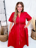 Short Sleeve Brick Red Smocked Waist Midi Dress W/ Pockets