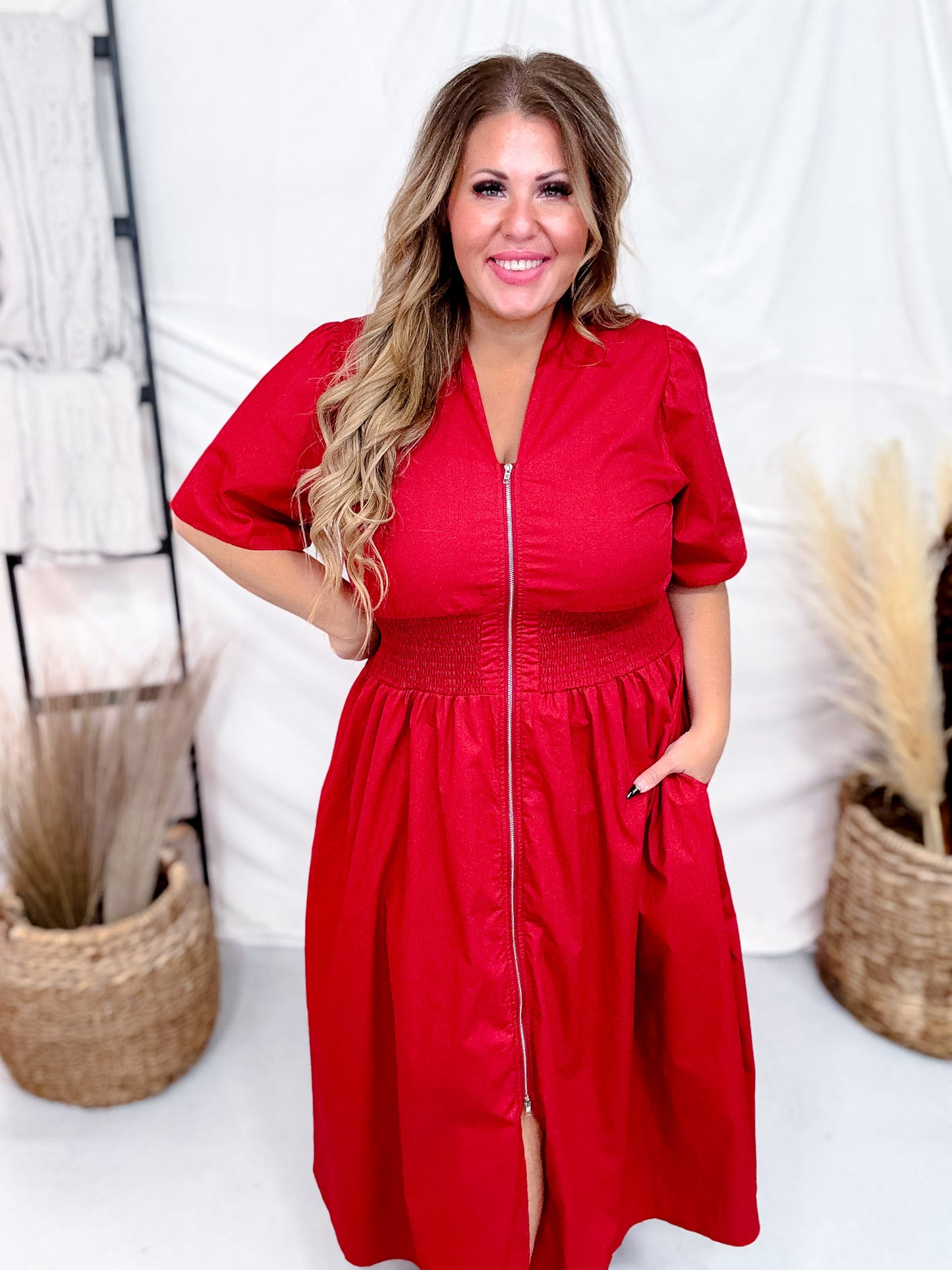 Short Sleeve Brick Red Smocked Waist Midi Dress W/ Pockets
