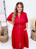 Short Sleeve Brick Red Smocked Waist Midi Dress W/ Pockets