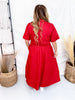 Short Sleeve Brick Red Smocked Waist Midi Dress W/ Pockets