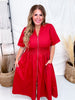 Short Sleeve Brick Red Smocked Waist Midi Dress W/ Pockets