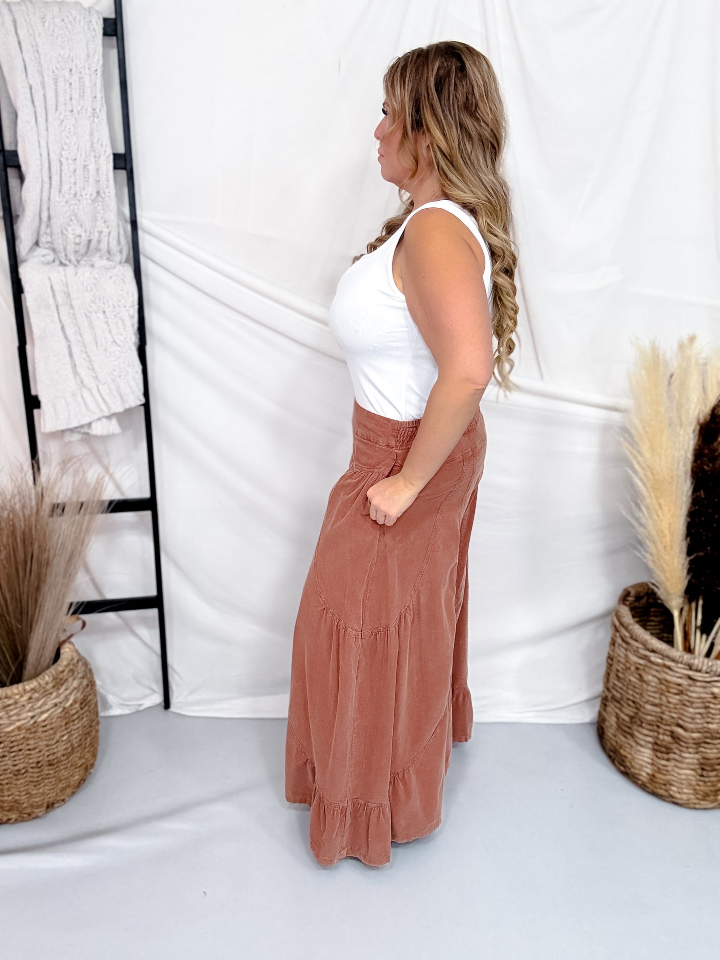 Corduroy High Rise Palazzo Pants In Brick