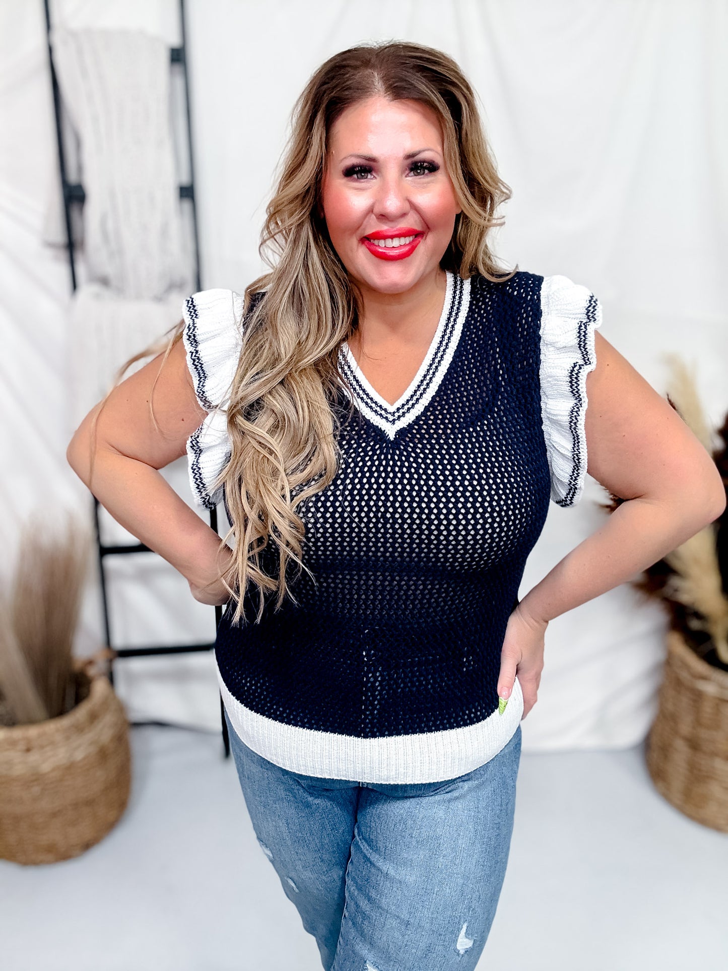Navy Sweater Vest with White Striped Flutter Sleeves