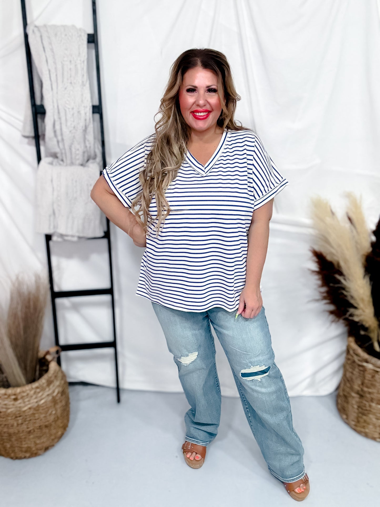 Blue and White Striped Short Sleeve Top