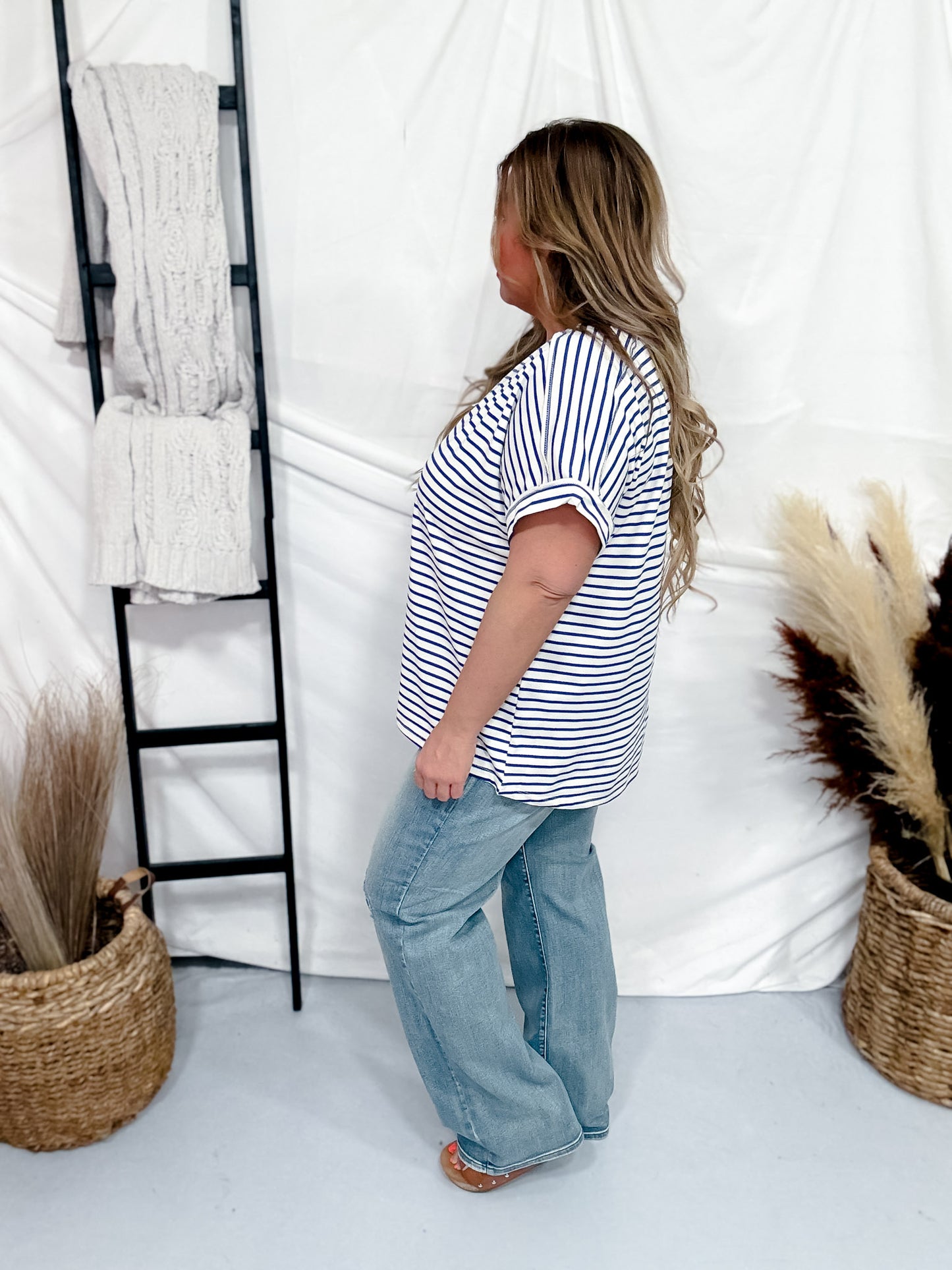 Blue and White Striped Short Sleeve Top