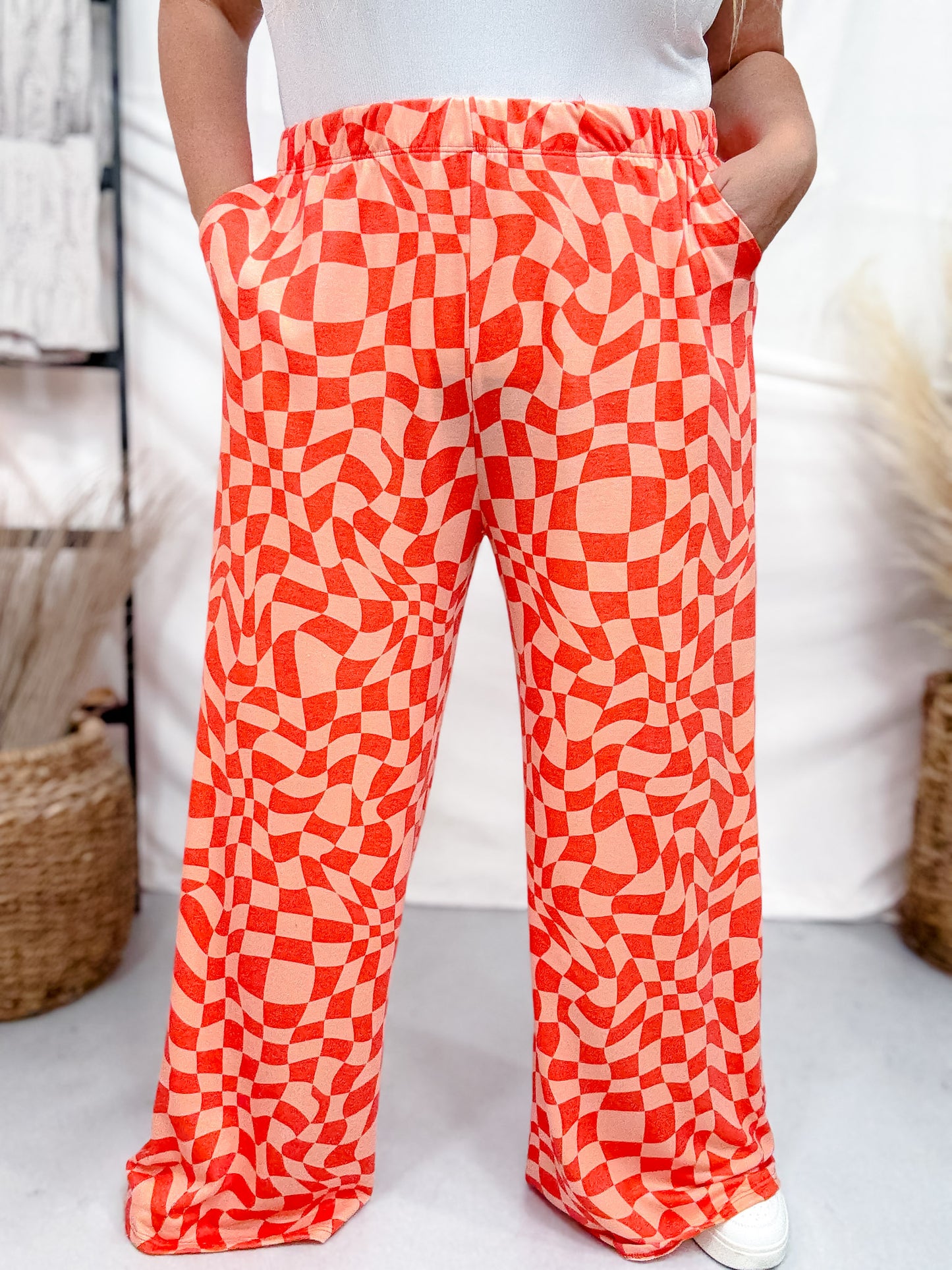 Orange & Peach Wavy Checkered Print High-Waist Straight Leg Pants