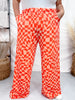 Orange & Peach Wavy Checkered Print High-Waist Straight Leg Pants