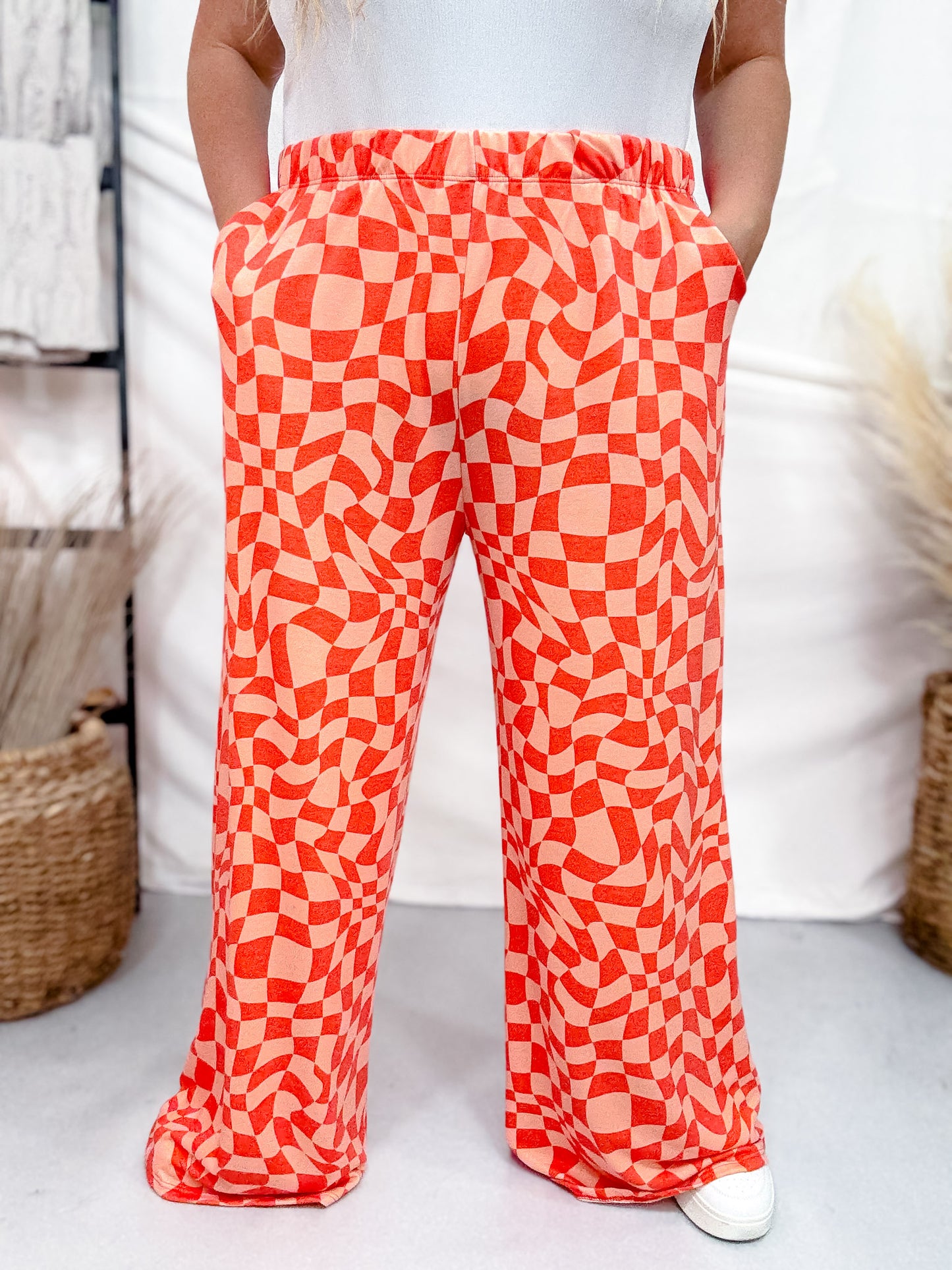 Orange & Peach Wavy Checkered Print High-Waist Straight Leg Pants