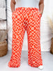 Orange & Peach Wavy Checkered Print High-Waist Straight Leg Pants