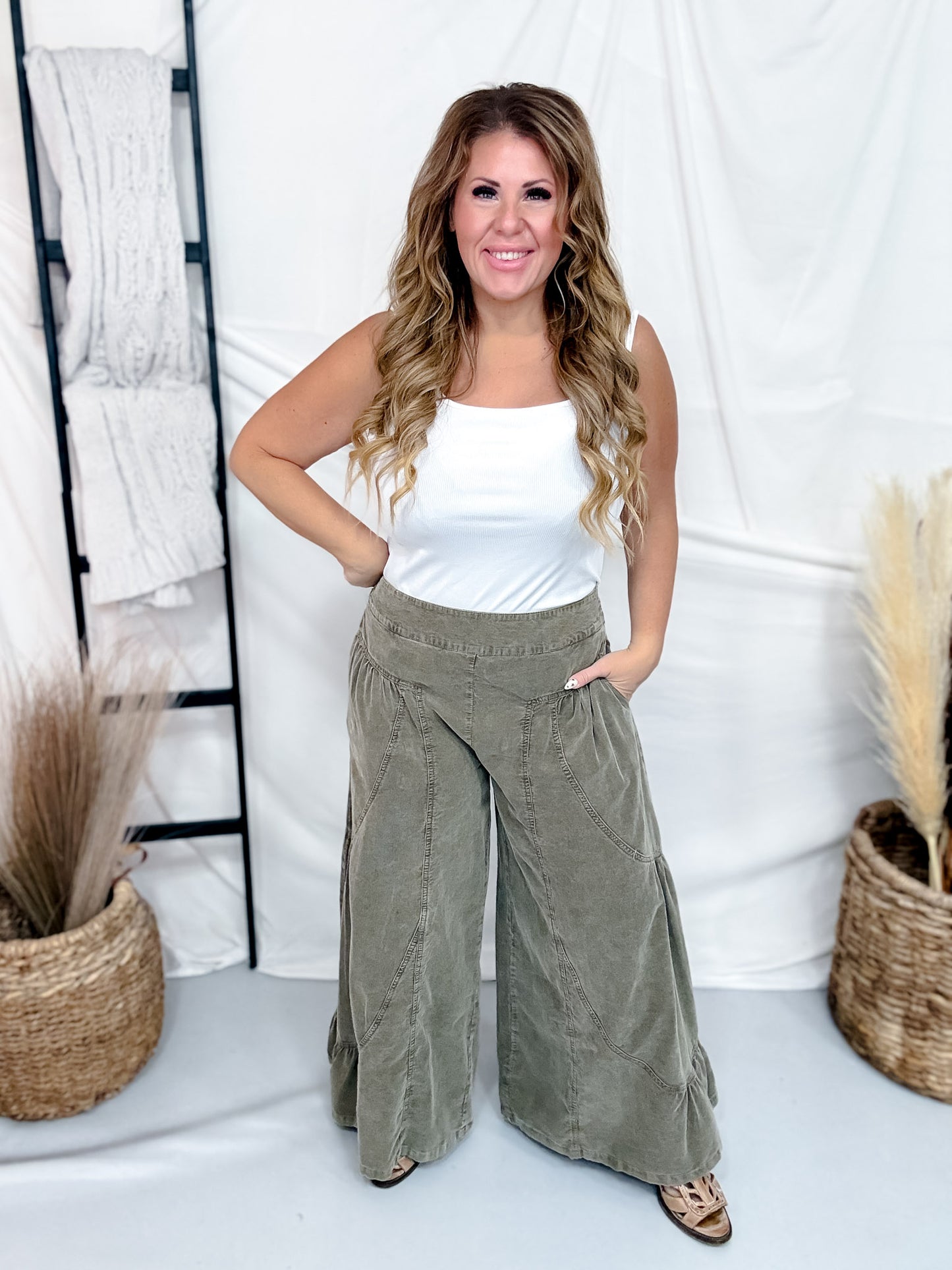 Ash Olive Corduroy High Rise Palazzo Pants