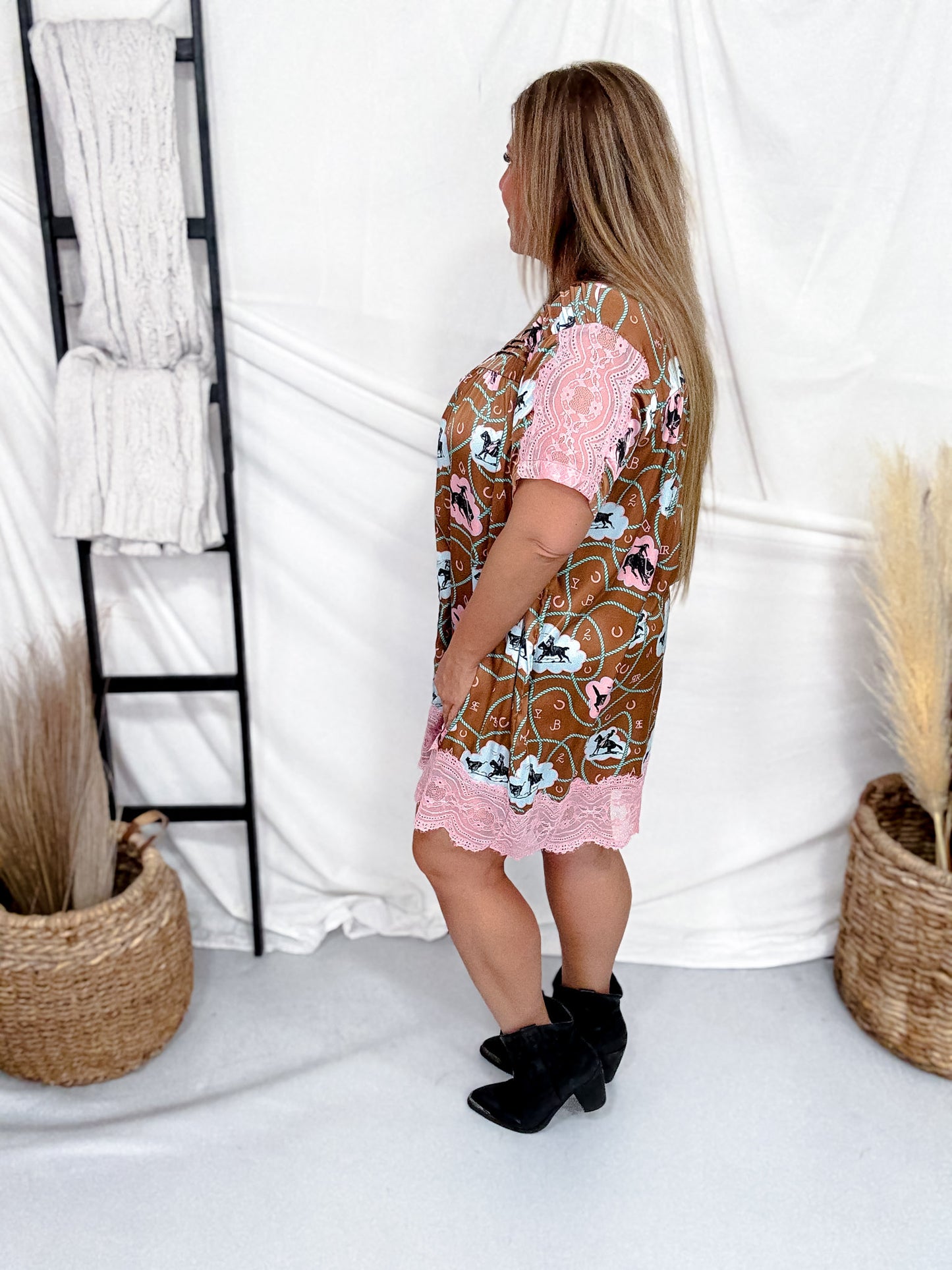 Button Down Rodeo Dress W/ Pink Lace Detail