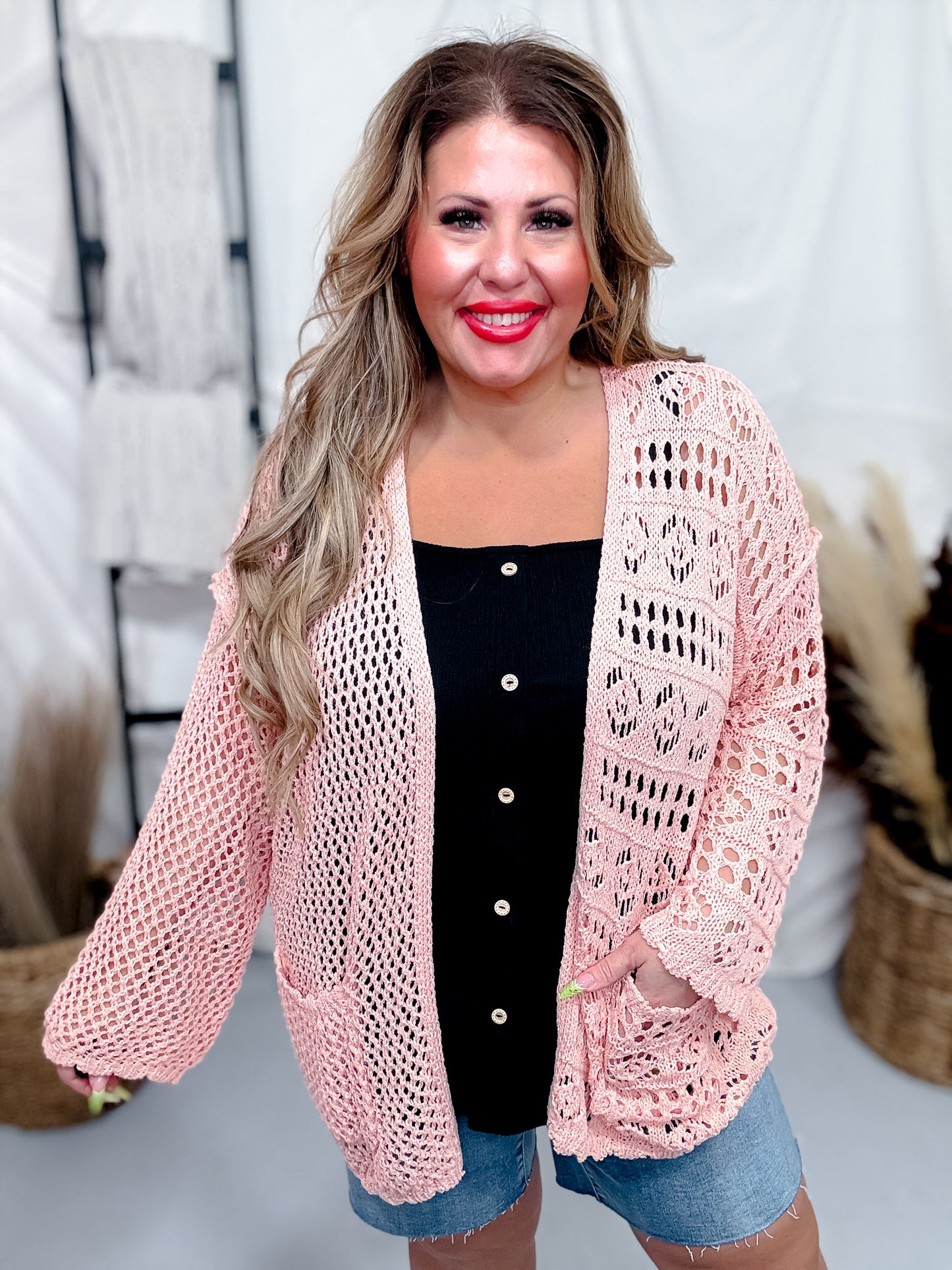 Peach Long Sleeve Relaxed Knit Sweater Cardigan
