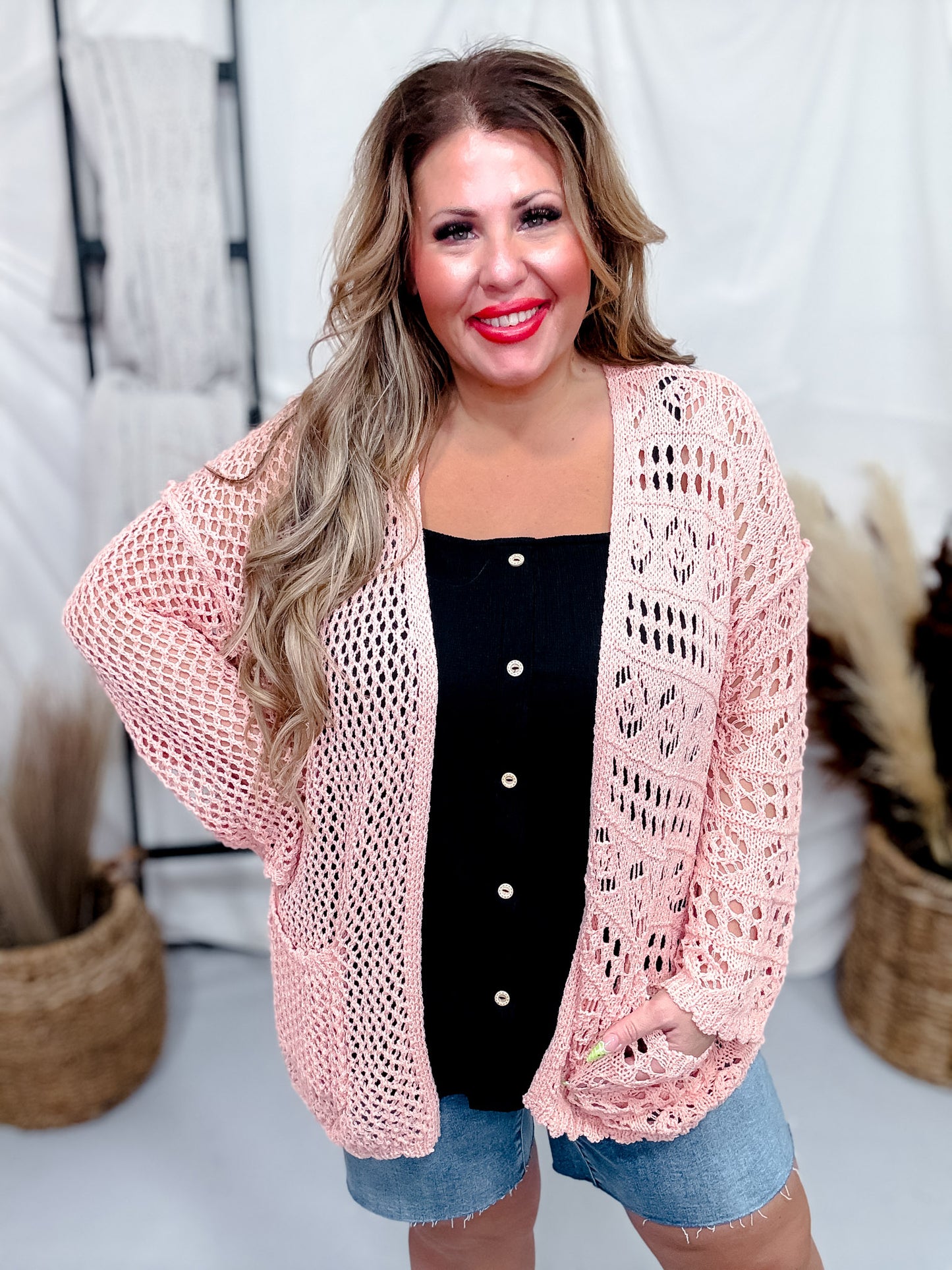 Peach Long Sleeve Relaxed Knit Sweater Cardigan