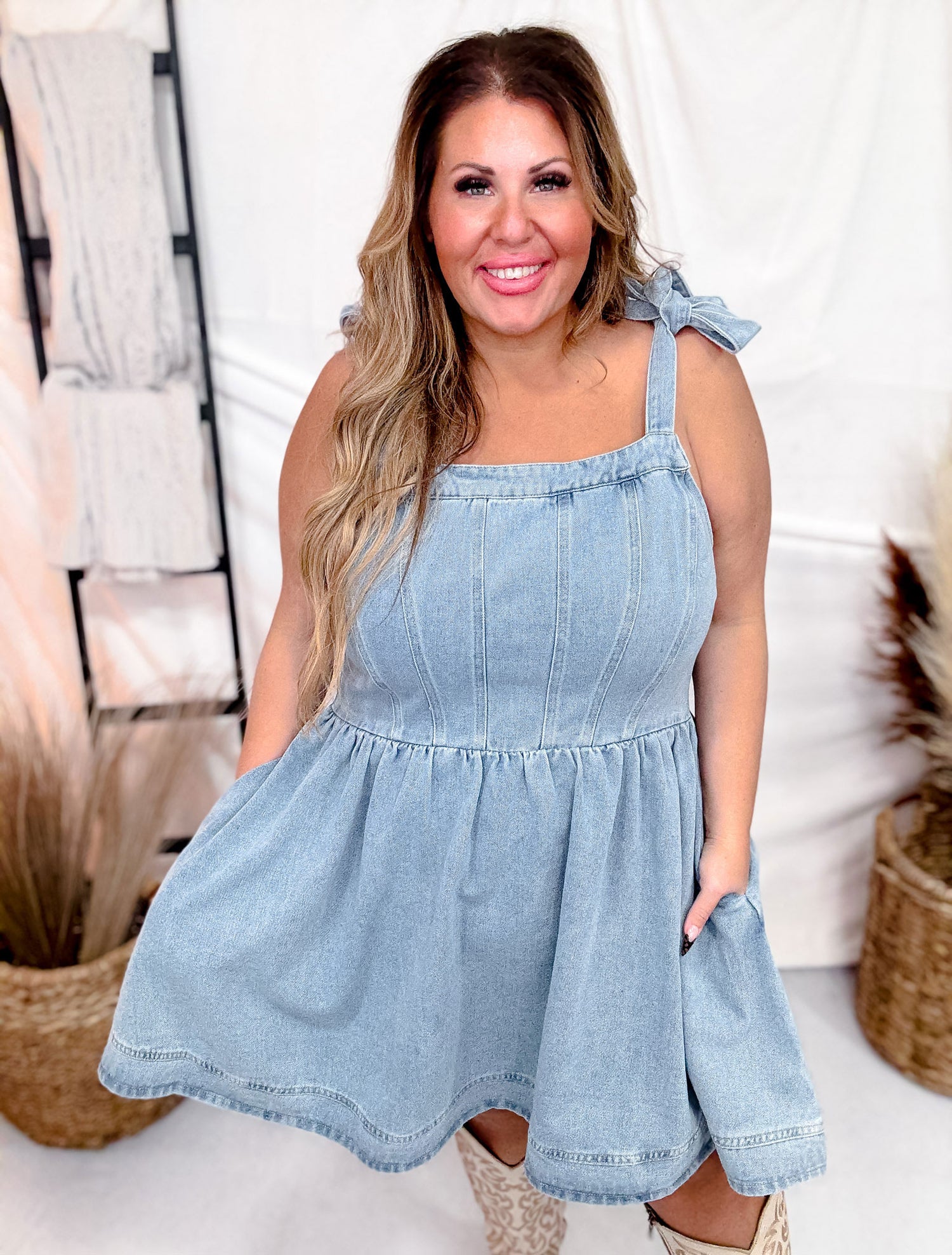 Washed Out Denim Mini Dress w/ Back Smocking & Zipper Closure - Whiskey Skies Medium Washed Out Denim Mini Dress w/ Back Smocking & Zipper Closure - Whiskey Skies Medium