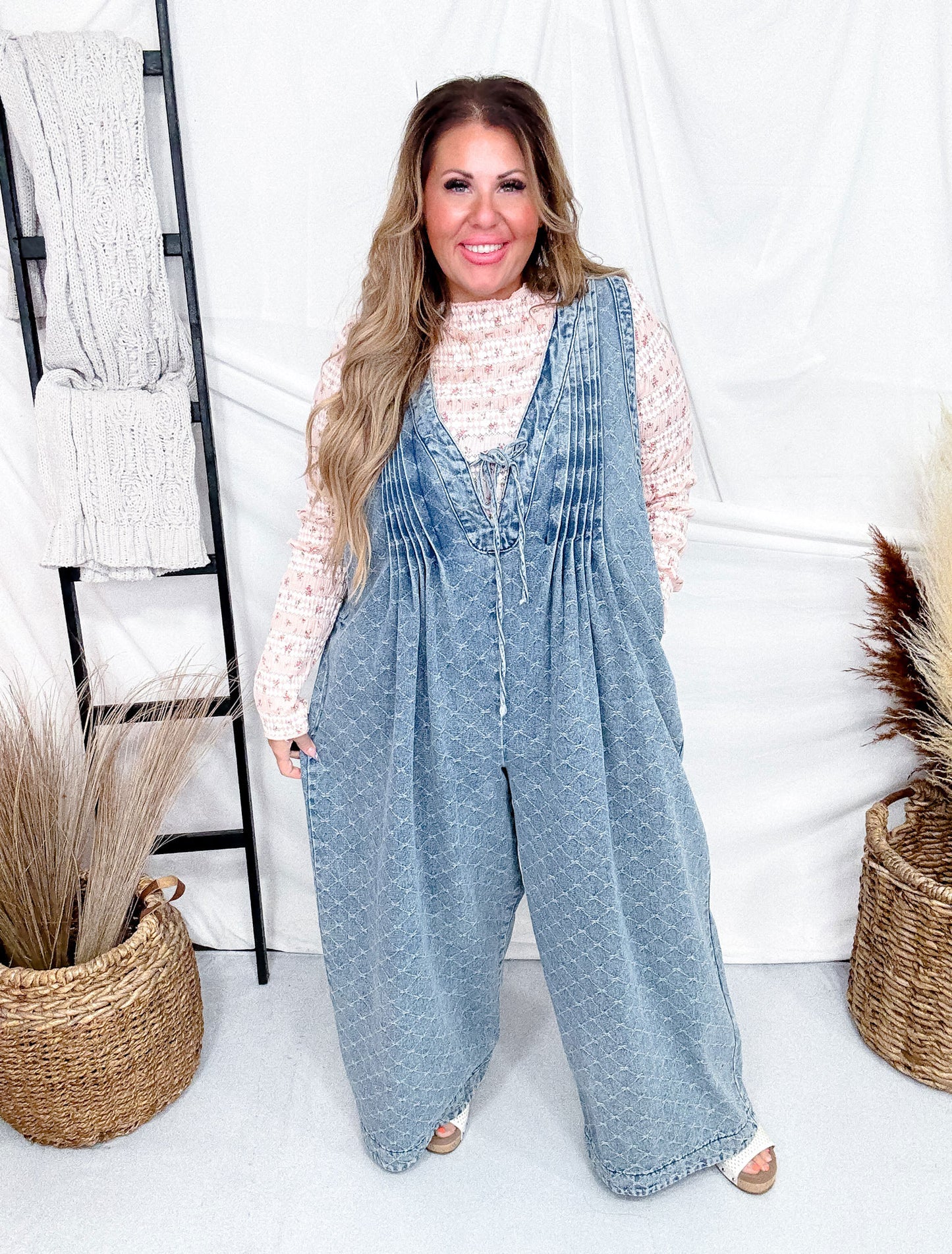 Bow Texture Denim Pintuck Jumpsuit W/ Side Pockets
