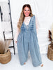 Bow Texture Denim Pintuck Jumpsuit W/ Side Pockets